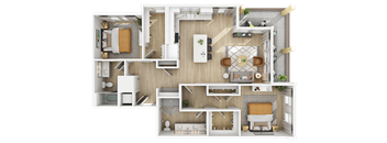 3D floor plan of 2 bedroom with walk-in closets at The Yancey Apartments, Charlotte, North Carolina