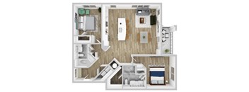 A top down view of a small apartment with a kitchen, living room, and bedroom.