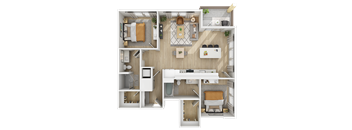 3D floor plan of two bedroom apartment layout at The Yancey Apartments, Charlotte