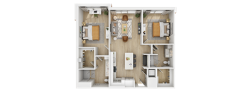 3D floor plan of two bedroom with central dining area at The Yancey Apartments, North Carolina