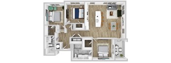 A top down view of a house layout with a kitchen, living room, bedrooms and bathrooms.