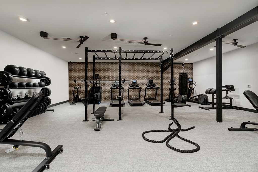 A gym with a variety of equipment including weights and a bench.