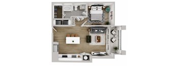 A top-down view of a modern apartment layout with a kitchen, living room, and bedroom.