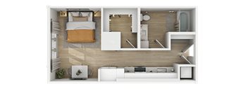 3D floor plan of studio with separate dining nook at The Yancey Apartments, Charlotte, NC 28217