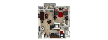 a stylized floor plan with a bedroom and a living room