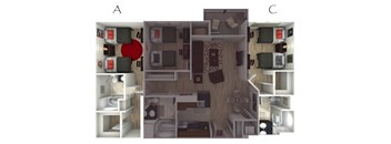 Three images of a small apartment with a kitchen, living room, and bedroom.