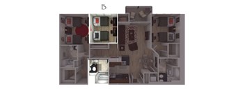 A dollhouse with a bedroom, living room, and kitchen.