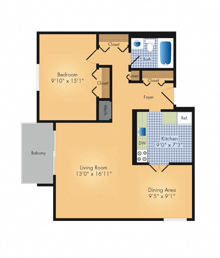 One bedroom Floor Plan 770 sqft