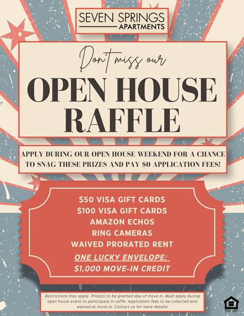 A poster advertises an open house raffle with prizes like Visa gift cards and Amazon Echos.