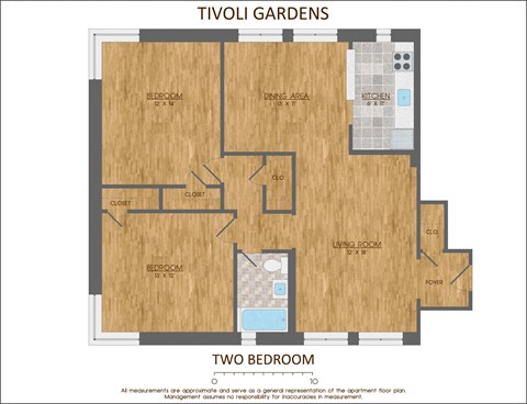Two bedroom floor plan | 900 Sq. Ft. at Tivoli Gardens, Washington