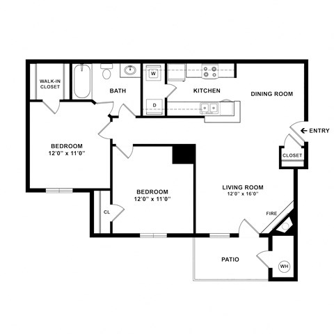 2 bedroom 1 bathroom floorplan at Governors Green, Bowie, MD, 20716