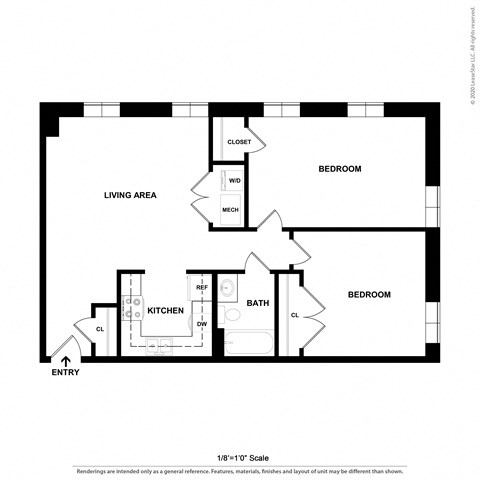 Two Bed One Bath Floor Plan at Pohlig Box Factory, Richmond, 23223