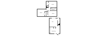 A black and white image of a floor plan for a house with three bedrooms.