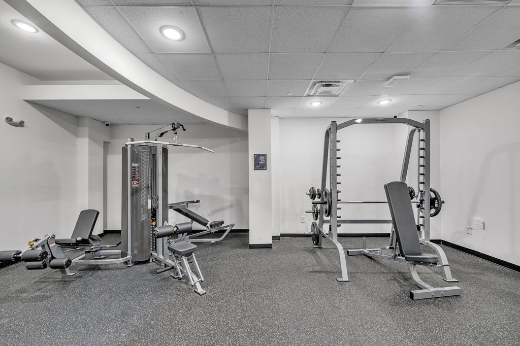 A gym with a variety of equipment including a squat rack, a leg press machine, and a bench press.
