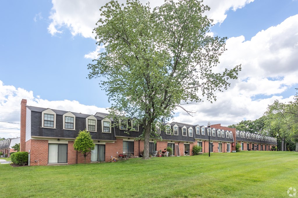 A large tree is in front of a building with a lawn in front of it.