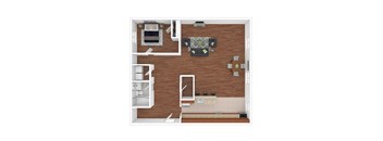 A top down view of a small apartment with a bed, a couch, a chair, and a small table.