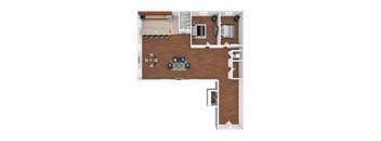 A top down view of a house interior with a kitchen, dining area, and living room.