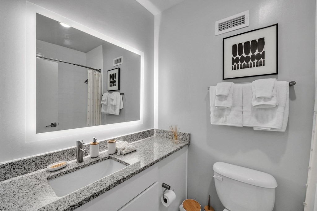A bathroom with a white toilet, sink, and mirror.