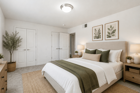 A bedroom with a large bed and a green blanket.