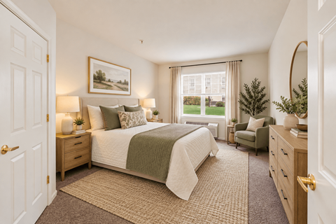 A bedroom with a large bed, a chair, and a painting on the wall.