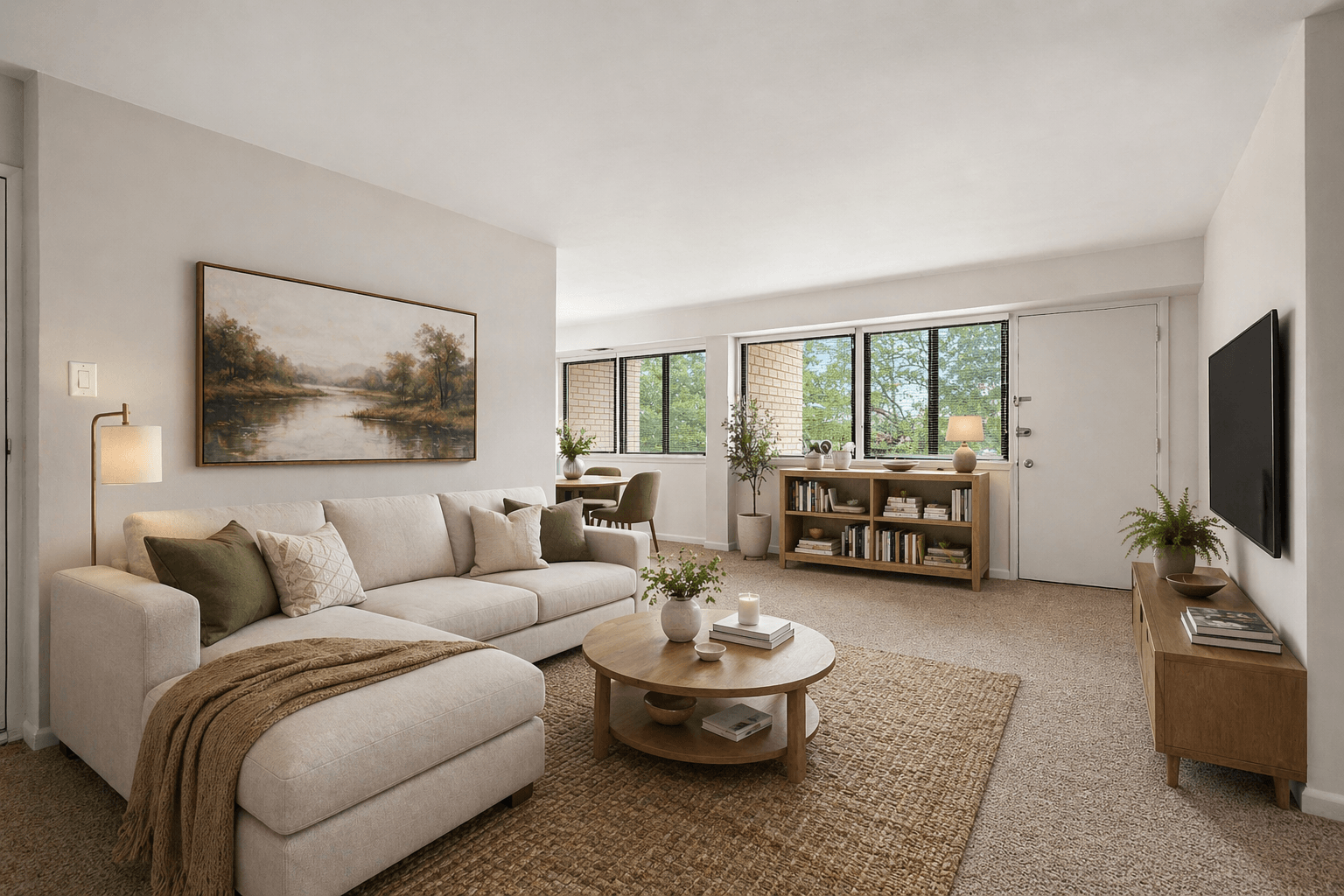 A living room with a couch, a coffee table, and a painting on the wall.