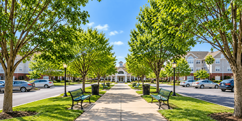 A tree-lined street with benches and cars parked on the side.