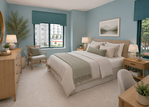 A bedroom with a large bed, a chair, a nightstand, and a table with a plant on it.