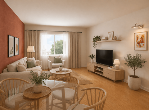 A living room with a television, a sofa, a coffee table, and a potted plant.