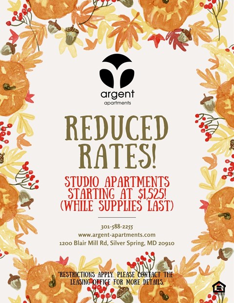 A poster advertising reduced rates for studio apartments at Argent Apartments.
