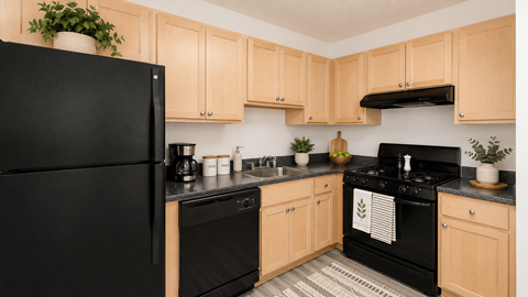A black refrigerator is in a kitchen with wooden cabinets.