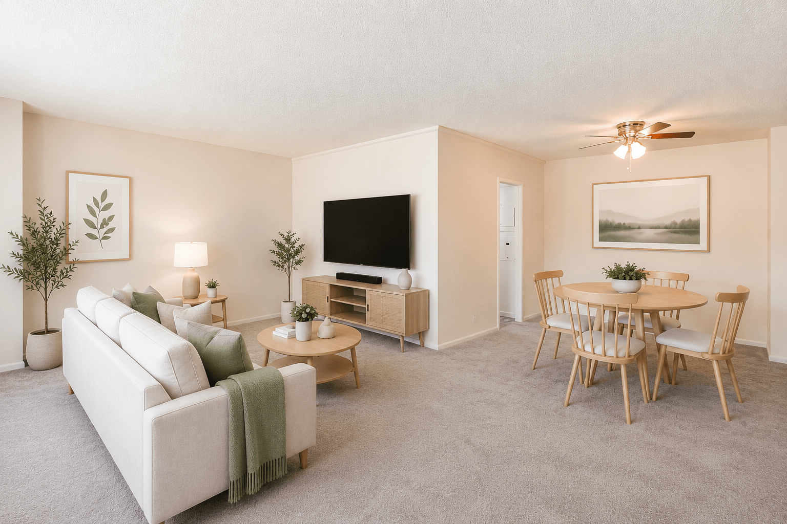 A living room with a white couch, a wooden coffee table, and a television.