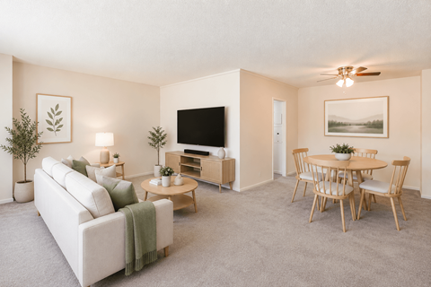 A living room with a white couch, a wooden coffee table, and a television.