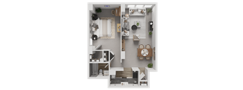 A top-down view of a small apartment with a kitchen, living room, and bedroom.