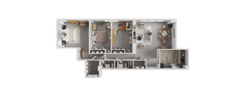 A detailed 3D floor plan of a modern apartment layout.