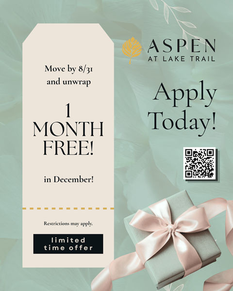 A gift box with a ribbon is on a green background with a QR code and text offering a free one month trial.