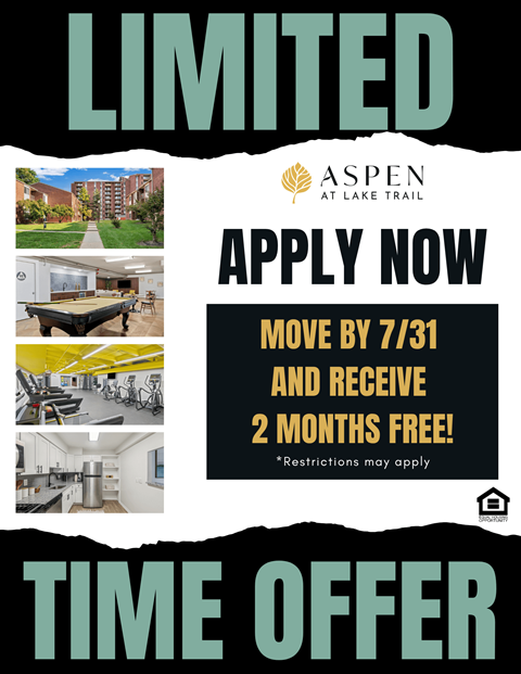 A poster advertising a limited time offer to move by July 31 and receive 2 months free at Aspen at Lake Trail.