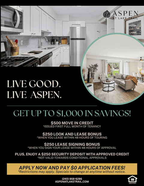 A flyer for Aspen Lake Trail advertising savings on rent and move-in credit.