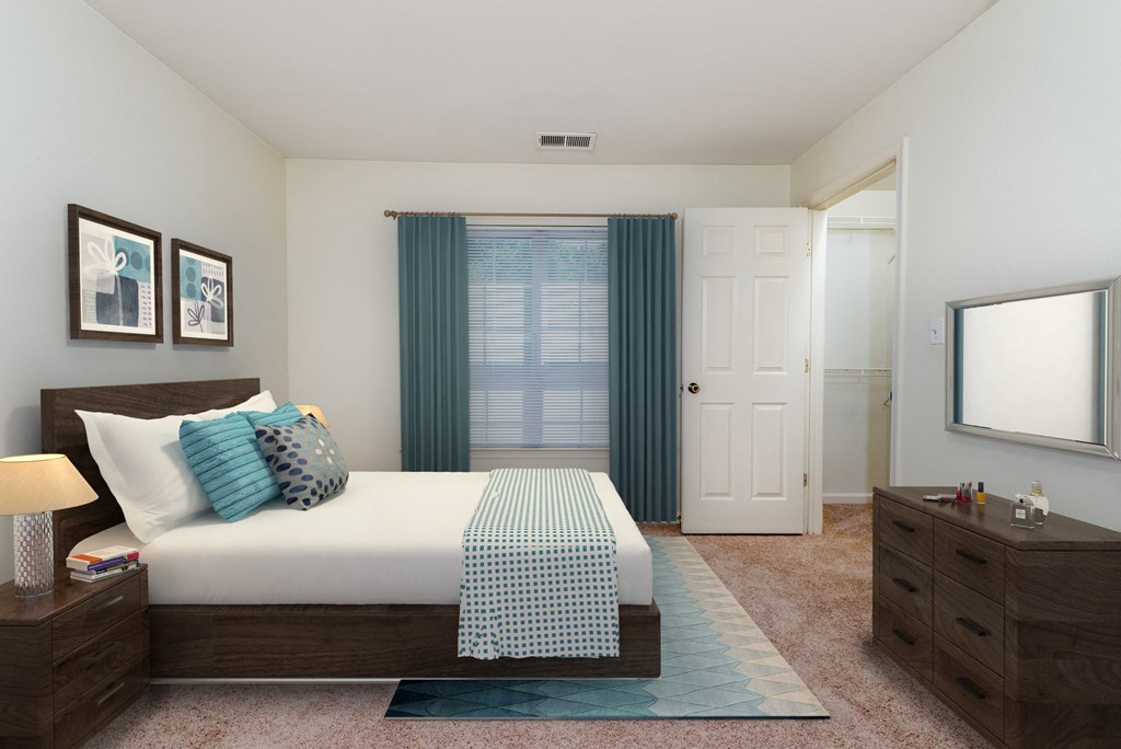 bedroom with bed, curtains, mirror, and bedside table bedroom with bed, curtains, mirror, and bedside table at Governors Green, Bowie, MD