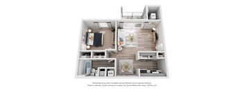 A 3D floor plan of a house with a kitchen, living room, and bathroom.