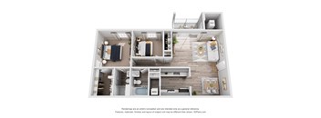 A 3D floor plan of a house with labeled rooms.