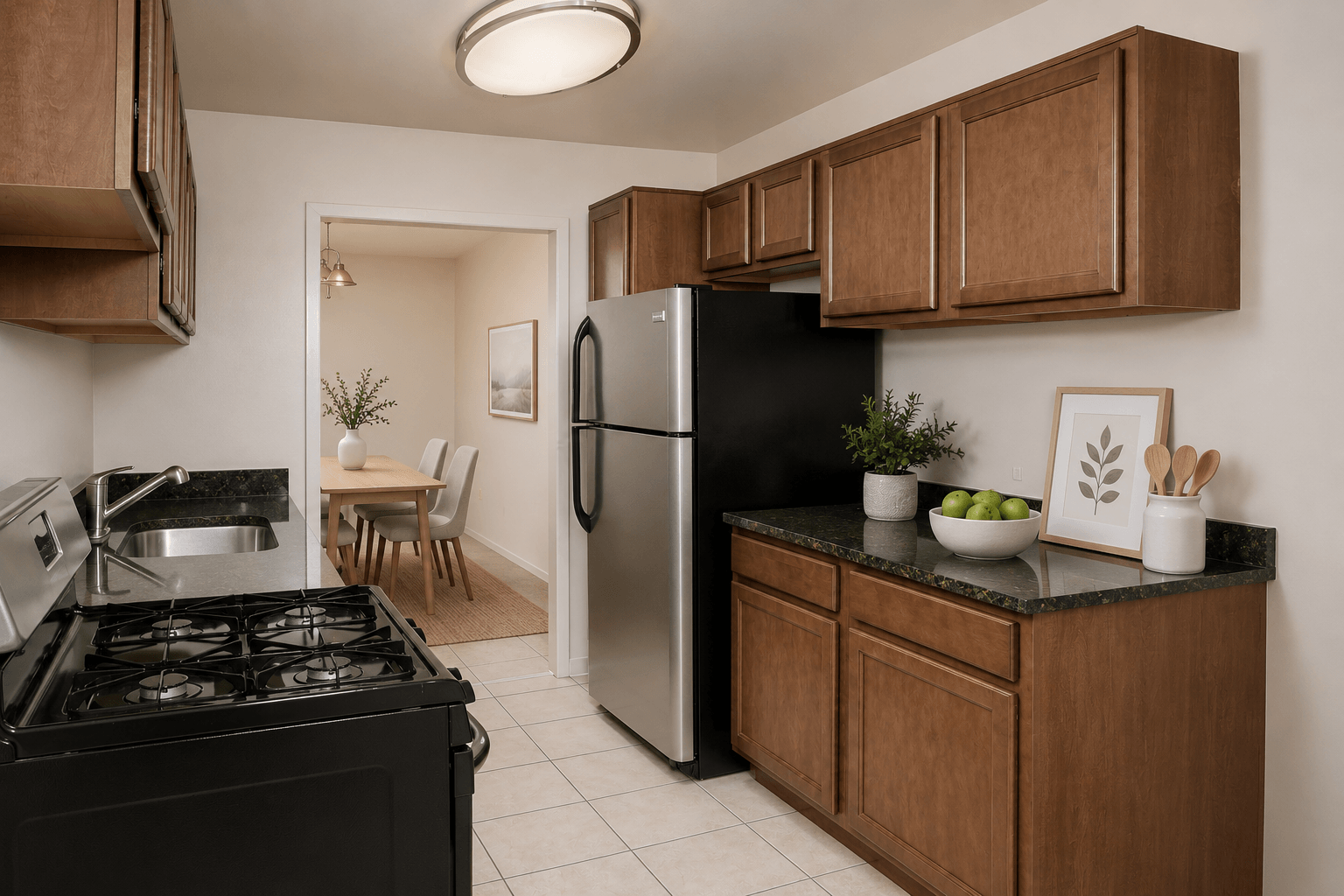 A kitchen with a black stove and a black refrigerator.