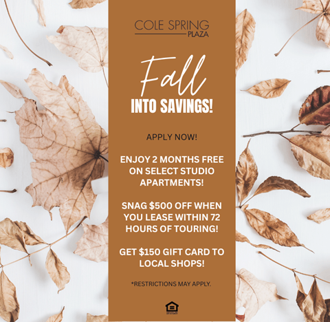 A promotional image for Cole Spring Plaza advertising fall savings and offers.