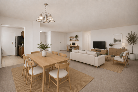 A dining room with a wooden table and chairs.