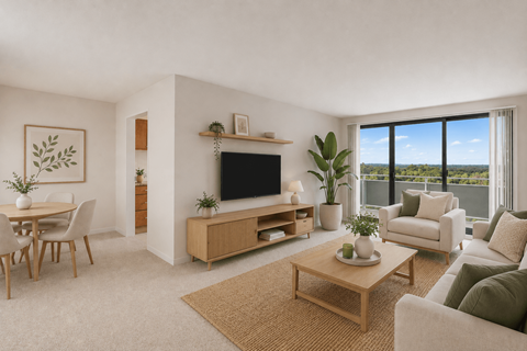 A living room with a flat screen TV, a coffee table, a couch, a dining table, and a view of the outdoors through a large window.