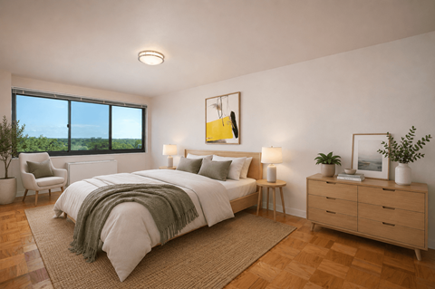 A bedroom with a large bed, a chair, a nightstand, and a window overlooking the ocean.