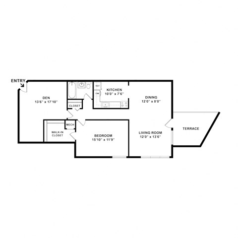 one bedroom one bath floorplan with a den 767 square feet at Cheverly Station Apartments, Maryland