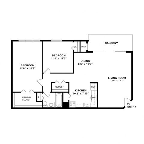 two bedroom two bathroom floorplan at Cheverly Station Apartments, Maryland 20785