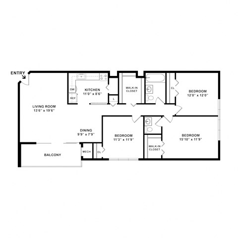 three bedroom one and a half bathroom floorplan 1100 square feet at Cheverly Station Apartments, Cheverly, MD 20785