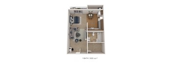 A 1 bathroom 500 square foot apartment.