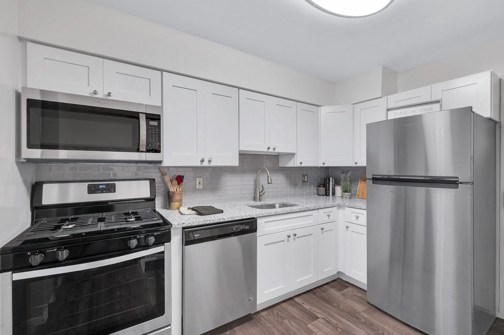 Modern Kitchen With Stainless Steel Appliances And Double Door Refrigerators at Aspen at Lake Trail, Maryland
